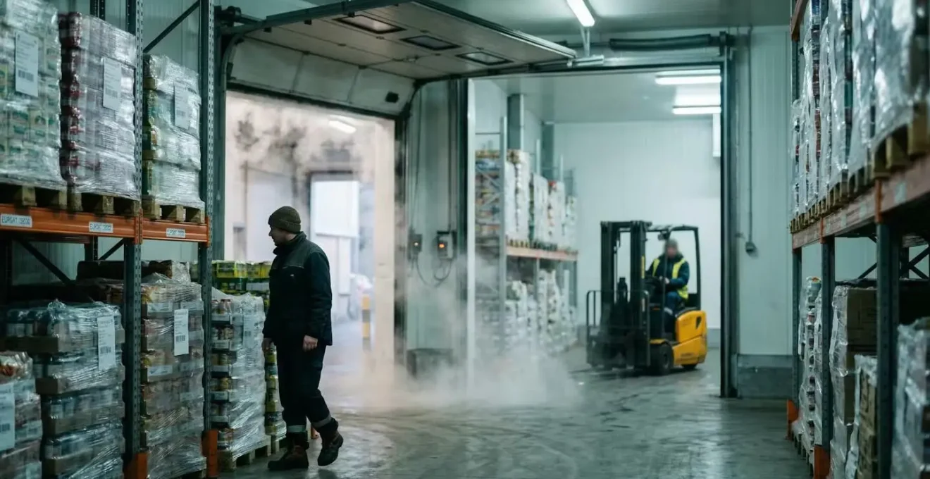 Chambre froide avec porte sectionnelle ouverte montrant la condensation et les échanges thermiques