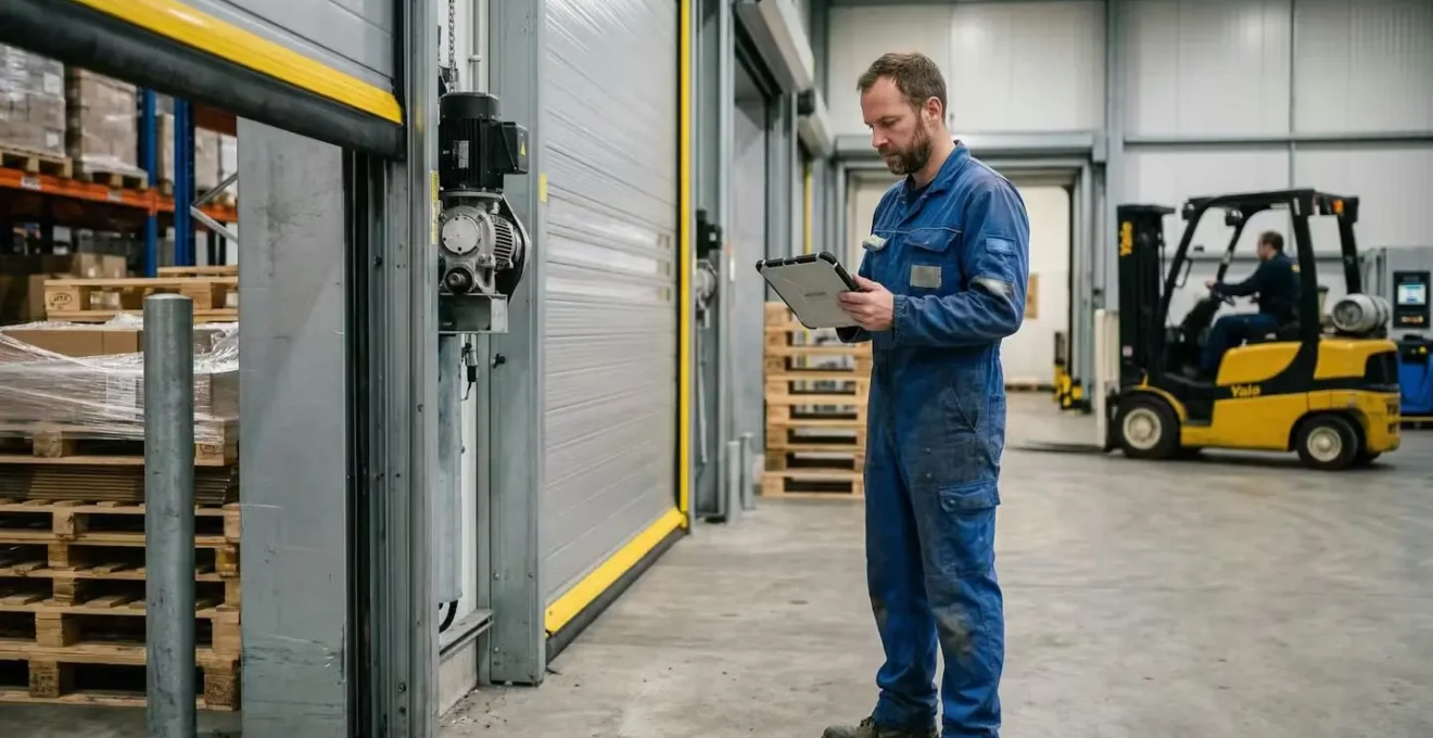 Technicien inspectant une porte rapide industrielle sur quai de chargement frigorifique