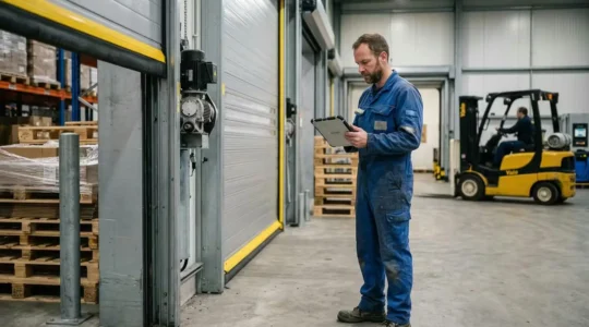 Technicien inspectant une porte rapide industrielle sur quai de chargement frigorifique