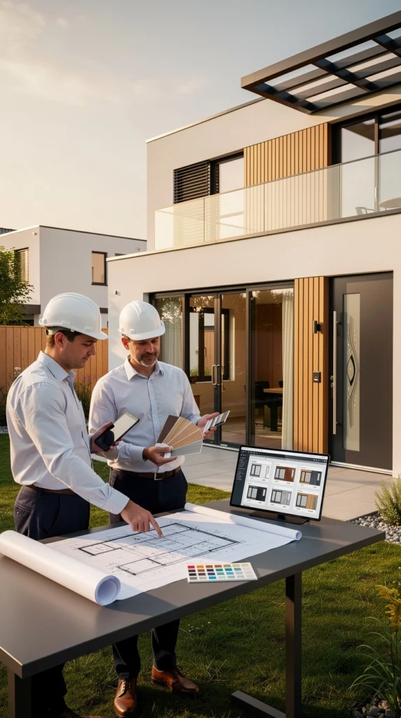 2 ouvriers discutent des menuiseries extérieures