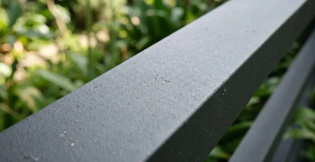 Gros plan sur un profil de latte en aluminium thermolaqué gris anthracite, texture mate, lumière naturelle