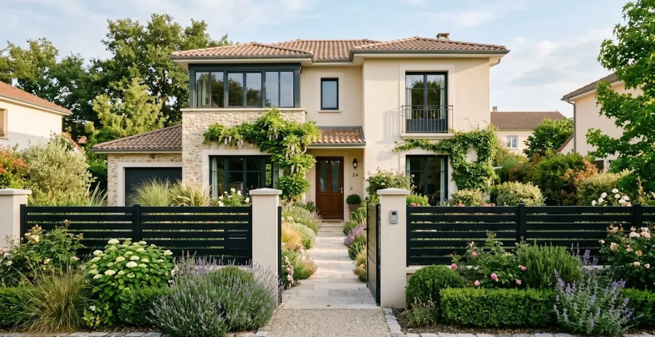 Vue d'ensemble d'une maison individuelle avec clôture aluminium noire bien intégrée, jardin entretenu, lumière naturelle