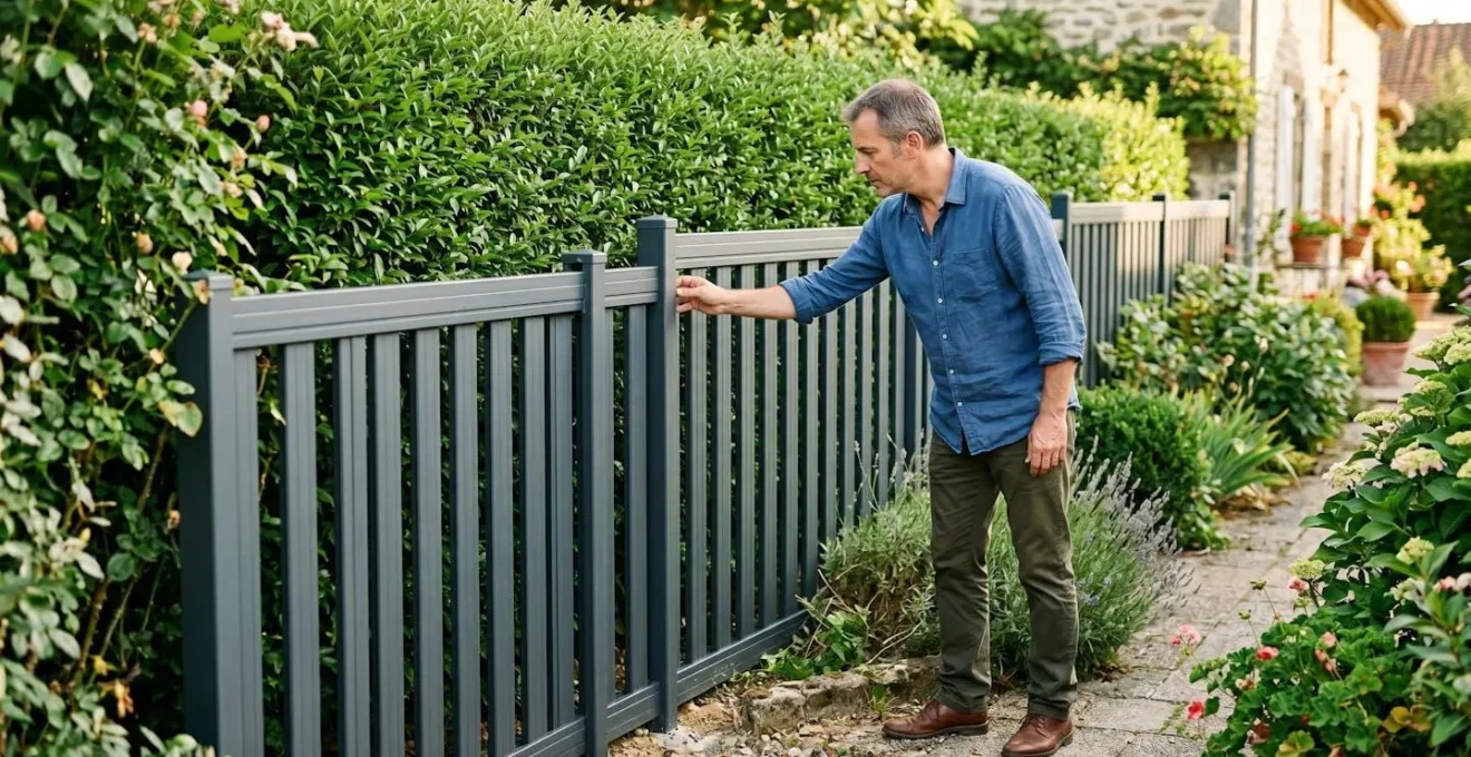 Propriétaire inspectant une clôture en aluminium gris anthracite dans un jardin résidentiel ensoleillé