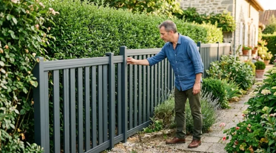Propriétaire inspectant une clôture en aluminium gris anthracite dans un jardin résidentiel ensoleillé