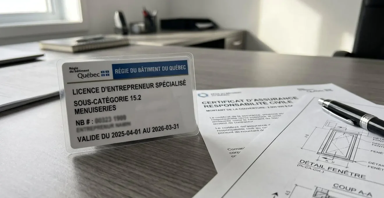 Carte de licence RBQ officielle pour entrepreneur spécialisé en menuiseries sous-catégorie 15.2, posée à côté d'un certificat d'assurance responsabilité civile de 2 millions de dollars sur un bureau professionnel
