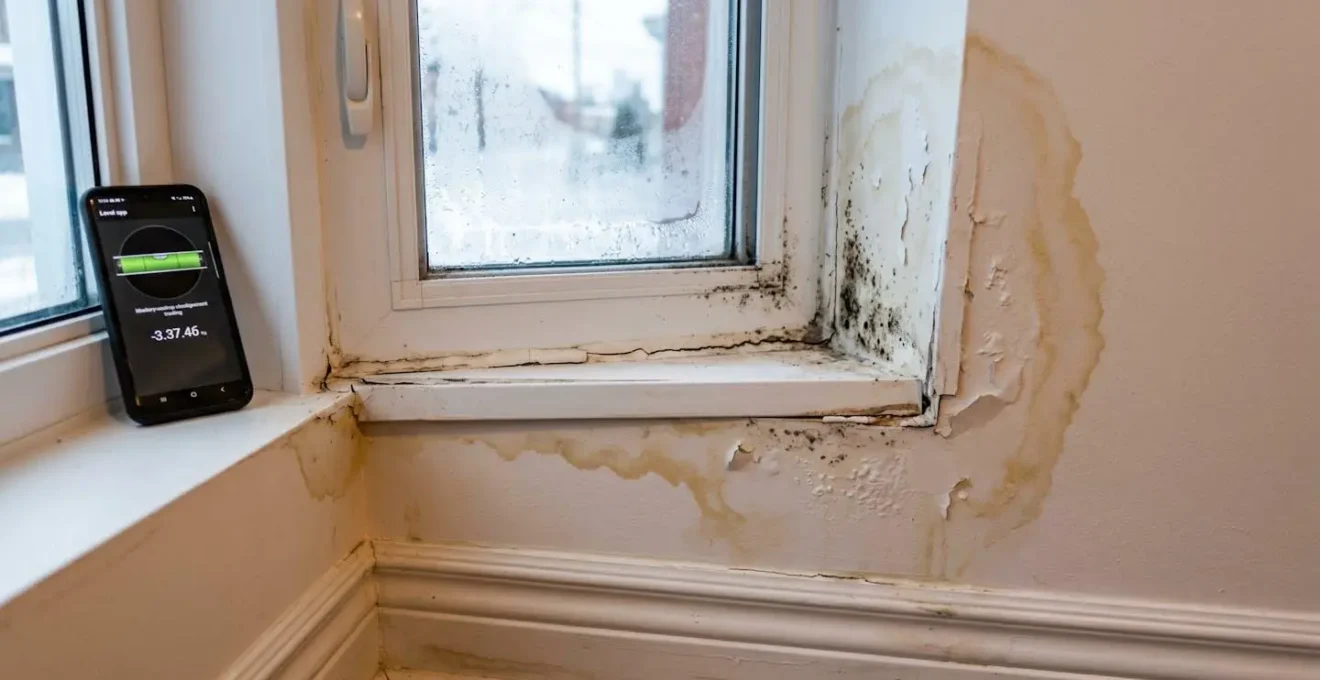 Traces d'infiltration d'eau et début de moisissure noire autour du cadre d'une fenêtre mal installée, montrant des auréoles d'humidité sur le mur de gypse blanc et un calfeutrage fissuré défaillant