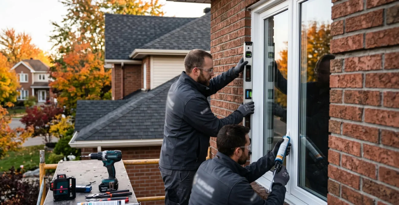 Deux techniciens professionnels installant une fenêtre PVC blanche sur une maison résidentielle en brique rouge typique du Québec, utilisant un niveau laser et une cartouche de calfeutrage polyuréthane, saison automnale avec feuillage orangé en arrière-plan