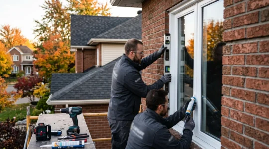 Deux techniciens professionnels installant une fenêtre PVC blanche sur une maison résidentielle en brique rouge typique du Québec, utilisant un niveau laser et une cartouche de calfeutrage polyuréthane, saison automnale avec feuillage orangé en arrière-plan