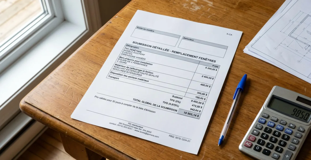 Soumission détaillée d'entrepreneur en menuiseries montrant un tableau de postes ligne par ligne avec quantités, descriptions, montants individuels et total de 9850$ pour remplacement de fenêtres