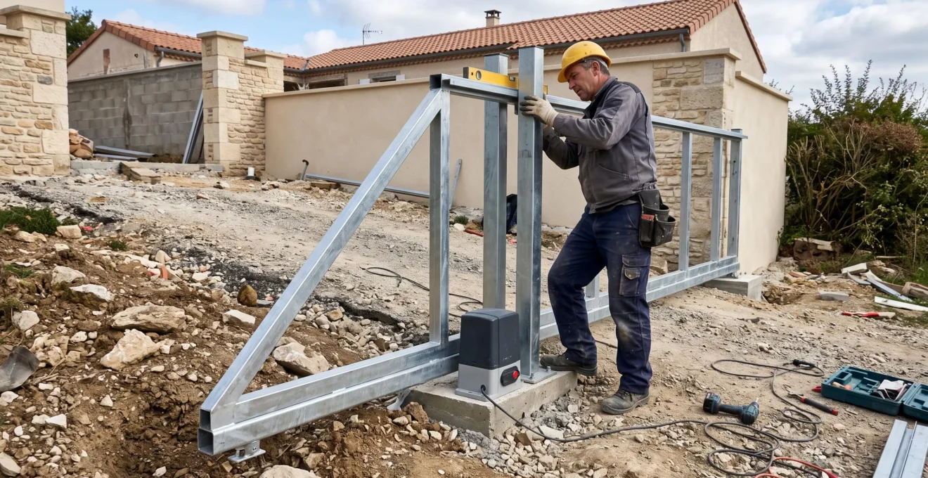 Installateur professionnel ajustant un portail autoportant sur un terrain en pente
