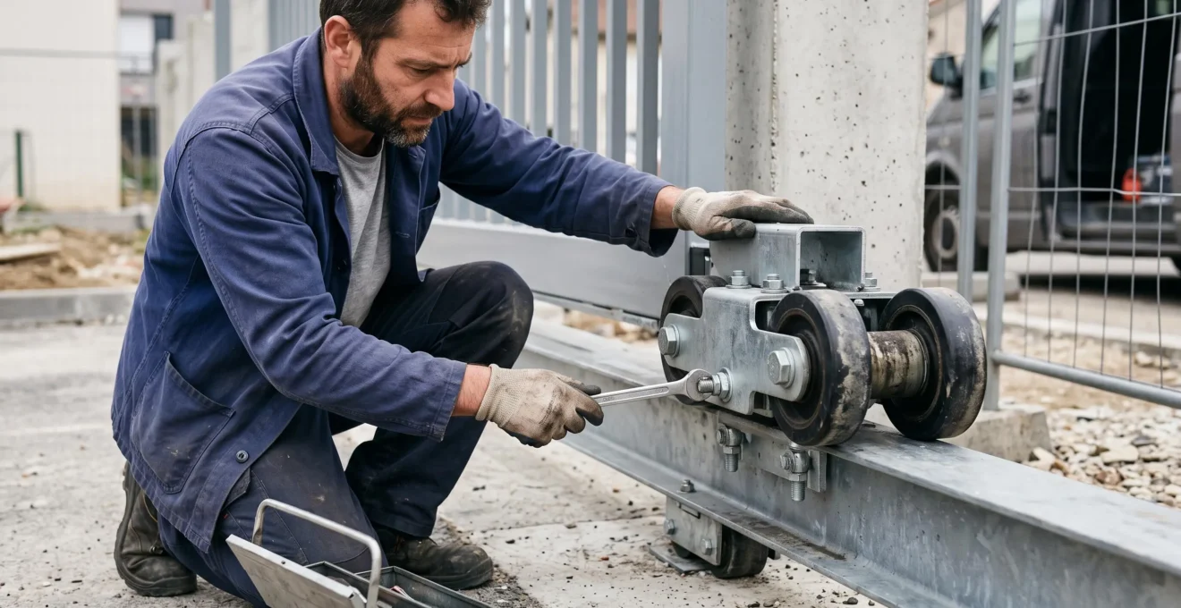 Technicien inspectant le mécanisme de roulettes et de guidage d'un portail autoportant