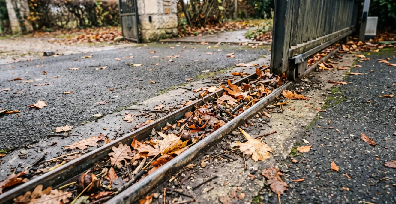 Rail au sol d'un portail traditionnel obstrué par des feuilles mortes et débris